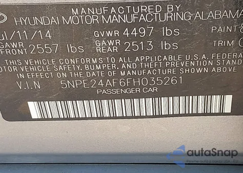 2015 Hyundai Sonata Se из США, поврежденный, VIN 5NPE24AF6FH035261